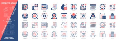 Pazarlama Planı simgesi ayarlandı. Finansal Bildirim, Öngörü, Hedefler, Satış, Strateji, Müşteriler, Piyasa Bölümü, Ürün. Duotone rengi katı ve düzenlenebilir dış hat simgeleri