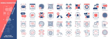 Mobil Pazarlama simgesi seti. Dağıtım, İtiş Bildirimi, Tüketiciler, QR Kodu, Coğrafi Pazarlama, E Ticaret, Tanıtım, Hedef Seyirci. Duotone rengi katı ve düzenlenebilir dış hat simgeleri