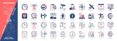 İzleme simgesi seti. Güvenlik kamerası, kıyaslama, kontrol, gözlem, veri toplama, zaman çizelgesi, denetleme, dedektör. Duotone rengi katı ve düzenlenebilir dış hat simgeleri