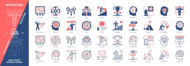 Motivasyon simgesi ayarlandı. Azim, Meydan Okuma, Hedef, Fırsat, Dayanıklılık, Görüş, Performans, Takım Çalışması. Duotone rengi katı ve düzenlenebilir dış hat simgeleri