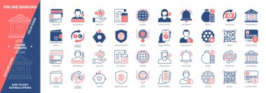 Çevrimiçi bankacılık simgesi seti. Depozito, Güvenli Ödeme, Hesap, Çevrimiçi Destek, İşlem, Denge, Kredi, Mobil Ödemeler. Duotone rengi katı ve düzenlenebilir dış hat simgeleri