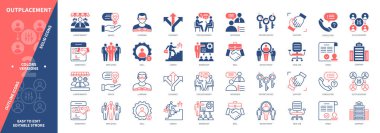 Dış yerleştirme simgesi ayarlandı. Kariyer, rehberlik, danışmanlık, danışmanlık, işe alım, atölye, destek, beceri. Duotone rengi katı ve düzenlenebilir dış hat simgeleri