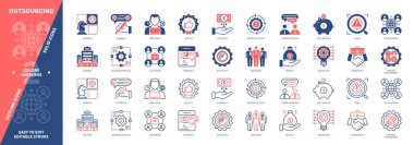 Dış kaynak simgesi seti. Şirket, Sözleşme, Riskler, Serbest Çalışmalar, Yenilik, Verimlilik, Maliyet Tasarruf, İş Süreci. Duotone rengi katı ve düzenlenebilir dış hat simgeleri