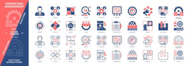 İşlem Yönetimi simgesi ayarlandı. Hizmetler, Strateji, Kontrol, Yeniden Tasarım, Tedarik Zinciri, Analiz, Kaynaklar, Mallar, Verimlilik. Duotone rengi katı ve düzenlenebilir dış hat simgeleri