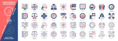 Performans Yönetimi simgesi seti. İzleme, Takım Çalışması, Verimlilik, İnsan Kaynakları, Dengeli Puan Kartı, Hedefler, Kâr, Verimlilik. Duotone rengi katı ve düzenlenebilir dış hat simgeleri