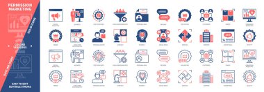 İzin Pazarlama simgesi ayarlandı. Maliyet Verimliliği, Kişiselleştirme, Sosyal Medya, Yüksek Dönüşüm Oranı, Müşteriler, Reklam, İtibar, Mal, Hizmetler. Duotone rengi katı ve düzenlenebilir dış hat simgeleri