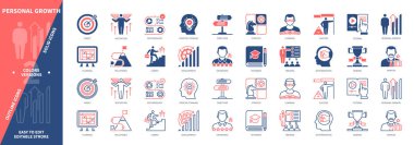 Kişisel Büyüme simgesi seti. Hedef Ayarlama, Belirleme, Planlama, Öğrenme, Eğitim, Motivasyon, İletişim, Geliştirme. Duotone rengi katı ve düzenlenebilir dış hat simgeleri