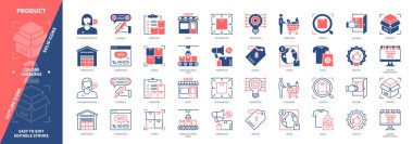 Ürün simgesi seti. Teslimat, geribildirim, fiyatlandırma, trendler, pazar, üretim hatları, müşteri hizmetleri, kalite. Duotone renk katı simgeleri