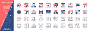 Halkla İlişkiler simgesi seti. Kriz Yönetimi, Kamu Görüşü, Konular, Etki, Basın, Sosyal Medya, Müşteriler, Reklamcılık. Duotone rengi katı ve düzenlenebilir dış hat simgeleri