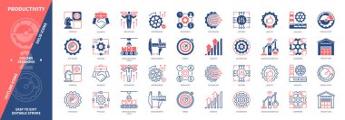 Üretkenlik simgesi seti. Verimlilik, Strateji, Gelişmiş Robotik, Teknoloji, Büyüme, Otomasyon, Üretim Kalitesi. Duotone rengi katı ve düzenlenebilir dış hat simgeleri