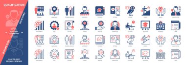 Kalifikasyon simgesi seti. Tecrübe, beceri, eğitim, eğitim, teori, bilgi, yeterlik, uygulama. Duotone rengi katı ve düzenlenebilir dış hat simgeleri