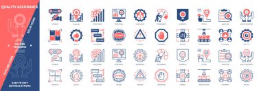 Kalite Güvencesi simgesi ayarlandı. İzleme, Tasarım, Prosedür, Garanti, Üretim, Kusurlar, Kontrol, Deneme. Duotone rengi katı ve düzenlenebilir dış hat simgeleri