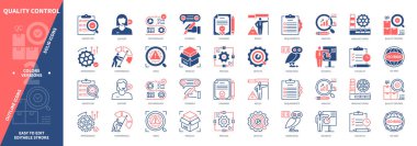 Kalite Kontrol simgesi ayarlandı. Geliştirme, Değerlendirme, Kontrol Listesi, Süreç, Standart, Analiz, Destek, Performans. Duotone rengi katı ve düzenlenebilir dış hat simgeleri