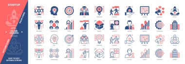 Başlangıç simgesi seti. Motivasyon, Takım Çalışması, Fikir, Planlama, Ürün, Pazarlama, Yatırımcılar, Başarı. Duotone rengi katı ve düzenlenebilir dış hat simgeleri