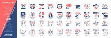 Hikaye anlatma ikonu seti. Etki, Çekim, İletişim, Sosyal Medya, Yaratıcılık, Reklamcılık, Paylaşım, Tanıtım. Duotone rengi katı ve düzenlenebilir dış hat simgeleri