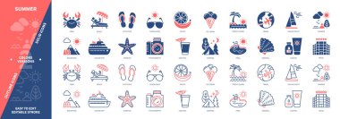 Yaz ikonu seti. Otel, Plaj, Meyveler, Fotoğrafçılık, Seyahat, Denizyıldızı, Tropik Ada, Dondurma. Duotone rengi katı ve düzenlenebilir dış hat simgeleri
