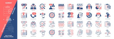 Gözlem simgesi ayarlandı. Geri bildirim, İş, Anket, Analiz, Röportaj, Veri Toplama, Derecelendirme, Sonuçlar. Duotone rengi katı ve düzenlenebilir dış hat simgeleri