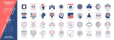 Artırılmış Gerçeklik simgesi seti. Teknoloji, Etkileşim, Yapay Zeka, Yenilik, Göz İzleme, Sanal, 3D Nesne, VR Kulaklık. Duotone rengi katı ve düzenlenebilir dış hat simgeleri