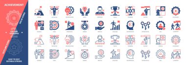 Başarı simgesi ayarlandı. Görevler, Takım Çalışması, Uygulama, Liderlik, Destek, İstikrar, Strateji, Başarı. Duotone rengi katı ve düzenlenebilir dış hat simgeleri