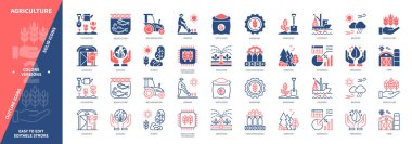 Tarım ikonu seti. Bitkiler, çiftlik hayvanları, ekoloji, gübreler, sulama, tarım, su ürünleri. Duotone rengi katı ve düzenlenebilir dış hat simgeleri