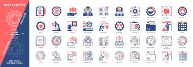 En iyi uygulama simgesi seti. Hedef, Belgeleme, Vizyon, Ölçüm, Strateji, İş Süreci, Kalite, Değerlendirme. Duotone rengi katı ve düzenlenebilir dış hat simgeleri