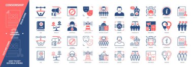 Sansür simgesi ayarlandı. Totaliter, Kontrol, Baskı Sistemi, Darknet, Bilgi, Gözetim, İnsan Hakları, Kitle Medya. Duotone rengi katı ve düzenlenebilir dış hat simgeleri