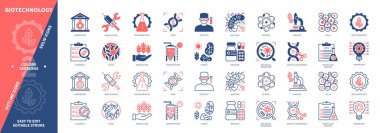 Biyoteknoloji ikonu seti. Bakteri, Biyomühendislik, Araştırma, Değişiklik, Hücreler, Genetik Mühendisliği, Mayalama. Duotone rengi katı ve düzenlenebilir dış hat simgeleri