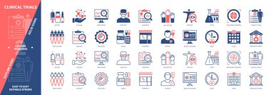 Klinik Deneme simgesi seti. Araştırma Merkezi, Placebo, Analiz, Hasta, Teşhis, Gönüllüler, Tıbbi Kayıtlar, Kontrol. Duotone rengi katı ve düzenlenebilir dış hat simgeleri