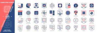 Bilgisayar Bilimi simgesi ayarlandı. Hesaplama, Otomasyon, Yazılım, Bilim, Algoritma, Veri Yapısı, Makine Öğrenme, Donanım. Duotone rengi katı ve düzenlenebilir dış hat simgeleri