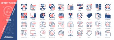 İçerik Analizi simgesi ayarlandı. İstatistik Yöntemi, Makine Öğrenme, Algoritma, Sosyal Bilimler, Niteliksel Metot, Etiket, Anket, Bilgisayar. Duotone rengi katı ve düzenlenebilir dış hat simgeleri