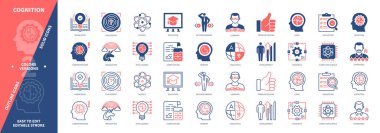 Bilinç simgesi ayarlandı. Öğrenme, Hayal gücü, Deneyim, Bilgi, Felsefe, Geliştirme, Hafıza, Problem Çözme. Duotone rengi katı ve düzenlenebilir dış hat simgeleri