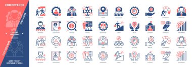 Yetki simgesi ayarlandı. Teori, Verimlilik, Takım Çalışması, Otorite, Liderlik, Yeterlilik, Vizyon, Geliştirme. Duotone rengi katı ve düzenlenebilir dış hat simgeleri