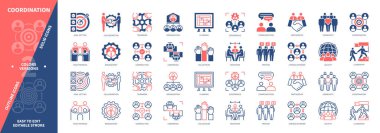 Koordinasyon simgesi ayarlandı. Hedefler, İşbirliği, Yönetim, Ortak Görev, Ortaklık, Uzlaşma, Takım Çalışması, Liderlik. Duotone rengi katı ve düzenlenebilir dış hat simgeleri