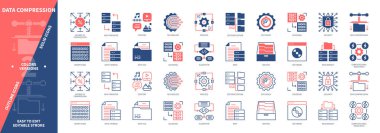 Veri Sıkıştırma simgesi ayarlandı. Arşiv, Veri Depolama, Güvenlik, Algoritma, İkili Kod, Teknoloji, Yedekleme, Kodlama. Duotone rengi katı ve düzenlenebilir dış hat simgeleri