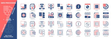 Veri işleme simgesi ayarlandı. Veri, Doğrulama, Toplama, Sıralama, Veri Analizi, Sınıflandırma, Doğrulama, Raporlama. Duotone rengi katı ve düzenlenebilir dış hat simgeleri