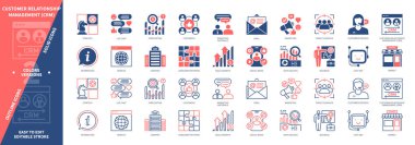 Müşteri ilişkileri yönetim simgesi seti. İş, Satış Büyümesi, Hedef Seyirci, Sosyal Medya, Tahmin, Bilgi, Müşteriler, Chat Bot. Duotone rengi katı ve düzenlenebilir dış hat simgeleri