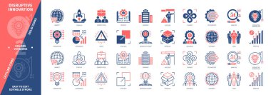 Yıkıcı Yenilik simgesi seti. Teknoloji, İş Teorisi, Piyasa, Rekabet, Yer Değiştirme, Başlangıç, Proje, Gelir. Duotone rengi katı ve düzenlenebilir dış hat simgeleri