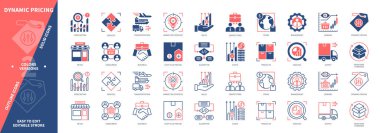 Dinamik Fiyatlandırma simgesi ayarlandı. Maliyet Artı Fiyatlandırma, Maliyetler, Ürünler, Arz, Talep, Ulaşım, Tüketiciler, Tahminler. Duotone rengi katı ve düzenlenebilir dış hat simgeleri