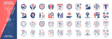 Çalışan Motivasyon simgesi seti. İş Tasarımı, Faydası, Takım Çalışması, Kalite Kontrol, Yeterlilik, Tanıtım, Kariyer, Ödül. Duotone rengi katı ve düzenlenebilir dış hat simgeleri
