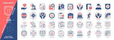 Gıda güvenliği ikonu hazır. Tazelik, Hijyen, Hazırlık, Kalite Kontrol, Hastalık, Bakteri, Pastörizasyon. Duotone rengi katı ve düzenlenebilir dış hat simgeleri