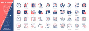 Gıda Teknolojisi ikonu seti. Kalite Kontrol, Üretim, Pastörizasyon, Gıda Bilimi, Aseptik Paketleme, Korunma, Dondurma Kurutma, Fermantasyon. Duotone rengi katı ve düzenlenebilir dış hat simgeleri