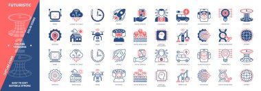 Gelecekçi simge seti. Genetik Mühendisliği, Akıllı Ev, Robot, Meta-Evren, İcat, Siber Uzay, İnternet, Güçlendirilmiş Gerçeklik. Duotone rengi katı ve düzenlenebilir dış hat simgeleri