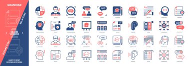 Gramer simgesi seti. Yazma, Dil, Morfoloji, Yapı, Kurallar, Sözdizimi, Çerçeve. Duotone rengi katı ve düzenlenebilir dış hat simgeleri