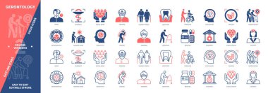 Gerontoloji ikonu seti. Yaşlanma, Hastalıklar, Yaşlılar, Diş Hekimliği, Psikoloji, Huzurevi, Geriatri, Eczane. Duotone rengi katı ve düzenlenebilir dış hat simgeleri