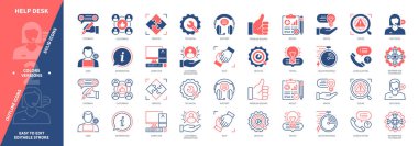 Masa simgesine yardım et. Destek, Teknik, Konu, Hatalar, Müşteri Hizmetleri, Memnuniyet, Hızlı Tepki, Sonuç. Duotone rengi katı ve düzenlenebilir dış hat simgeleri
