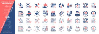 Genetik olarak değiştirilmiş organizma GDO simgesi seti. Transgenic, Genetik Mühendisliği, Değiştirilmiş, Virüsler, Gene, Laboratuvar, Genom Düzenleme, Organizma. Duotone rengi katı ve düzenlenebilir dış hat simgeleri