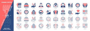 İnsan Başkenti simgesi seti. Üretim Süreci, Çalışan, Bilgi, Eğitim, Yetenek, Bilgi, Sağlık, Kazanç. Duotone rengi katı ve düzenlenebilir dış hat simgeleri