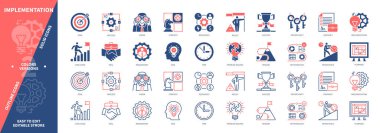 Uygulama simgesi seti. Fikir, Hedef, Planlama, Vizyon, Strateji, Süreç, Problem Çözme, Başarı. Duotone rengi katı ve düzenlenebilir dış hat simgeleri