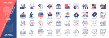 Enflasyon simgesi ayarlandı. Mal, Hizmetler, Talep, Kıtlık, Fiyat Artırma, Satın Alma Gücü, Yatırım, Ekonomi, Tasarruf. Duotone rengi katı ve düzenlenebilir dış hat simgeleri