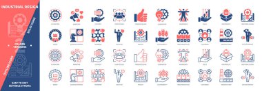 Endüstriyel Tasarım ikonu seti. Takım çalışması, özen, Seri Üretim, Ergonomik, Özellikler, Yeni Ürün, Marka, Pazarlama. Duotone rengi katı ve düzenlenebilir dış hat simgeleri